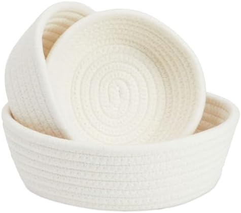 Juvale Small Round Cotton Rope Storage Baskets - Nesting Storage Bin Pack - Cotton Woven Basket for Home Organizing - White, Pack of 3, 6.5 x 2.9 in/7.5 x 3 in/8.2 x 3.2 in