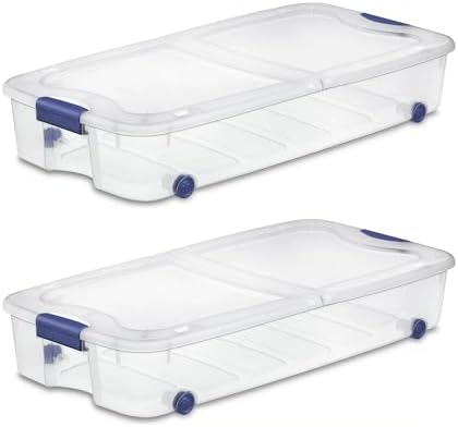 (2 pack) 66 Quart Clear Underbed Storage Bin with Wheels, Plastic Latching Lid Container, Blue Latches