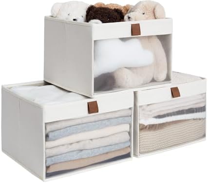 StorageWorks Fabric Storage Bins, Linen Closet Organizer, Beige, 3-Pack