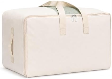 DoYiKe Soft Canvas Clothes Storage Bags with Four Carrying Handles and Clear Window, Closet Organizer for Clothing, Blankets Sheets and Bedding, 55L, Beige