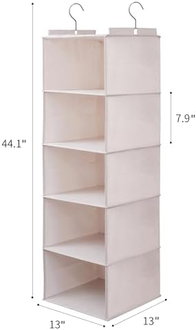 Large Hanging Sweater Organizer for Closet,Collapsible 6-Shelf Hanging Closet Shelves with Drawers, Washable (Beige -5 Shelf-2 d)