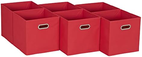 Household Essentials Foldable Fabric Storage Cubes 6-Pack – 11x11x11 Stackable Non-Woven Bins with Chipboard Sides & Grommet Handles – Closet, Shelf, Nursery, or Office Organizer – Regal Red