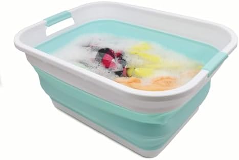 SAMMART 41L (10.8 gallon) Collapsible Plastic Laundry Basket-Foldable Pop Up Storage Container/Organizer-Portable Washing Tub, Water capacity: 32L (8.4 gallon) (Rectangular, White/Lake Green)