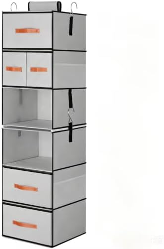 Hanging Closet Organizer 6-Shelf, Upgrade Closet Organizers and Storage with 5 Removable Drawers & 4 Side Pockets, Hanging Shelf Organizer for Bedroom or Garment Rack, 12.6'' x 12.6'' x 44.1'', Gray