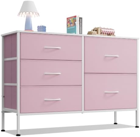WLIVE Pink Fabric Dresser for Bedroom, 5 Drawer Dressers, Chest of Drawers
