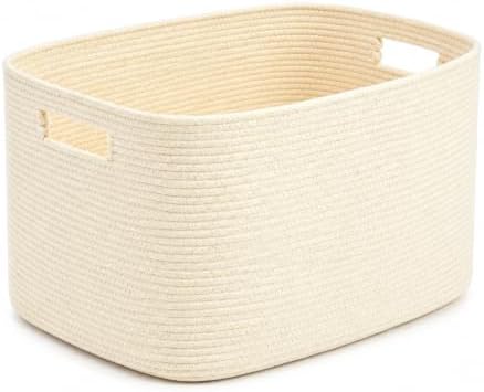 25.4GAL Collapsible Cotton Rope Extra Large Storage Basket For Bedroom Closet, Boho Rectangular Short Hamper Woven Storage Baskets for Living Room Throw Pillows Blankets Dirty Clothes, Beige