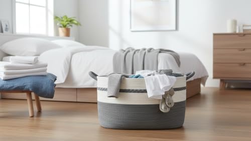 Large laundry basket woven from natural cotton rope with handles for storage clothes big decorative quilted baskets for blankets toys pillows hampers 22"x14.6"x12" Grey