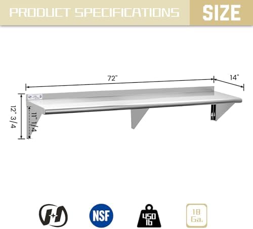 Hally Stainless Steel Shelf 14"x72" NSF Commercial Wall Mount Rack Shelving | 450LB, Metal Wall Shelves, Kitchen Racks & Shelves, Floating Shelving, Heavy Duty, for Restaurant, Kitchen, Home & Hotel