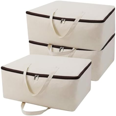 3pcs Cotton Clothes Bedding Storage Organizer Bins with Handles 3-side Zip