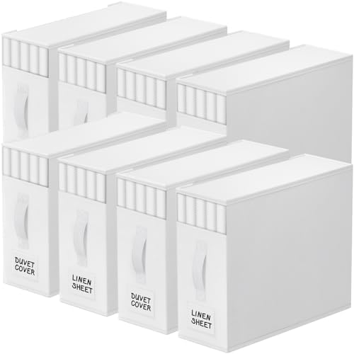 StorageTastic 8 Pack Bed Sheet Closet Organizers and Storage,Sturdy Foldable Storage Containers with Window and Label,Storage and Organization for Bedding Sheets,Duvet Covers,Blankets (White)