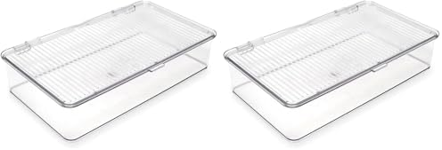 Isaac Jacobs Small Stackable Organizer Bin (10.75” x 6.5” x 2.4”) w Hinged Lid Clear Storage Box Home Office School Fridge Bathroom Kitchen Pantry Container BPAFree Food Safe (Small Clear) (Pack of 2)