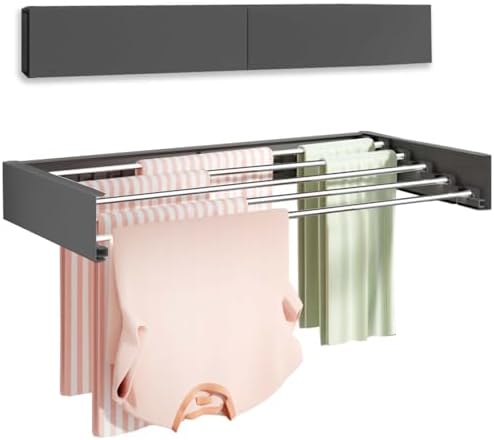 Vikaqi Wall Mounted Clothes Drying Rack 32", Foldable Wall Mount Laundry Rack Folding Indoor, Drying Rack Clothing Collapsible, Hidden Space Saver with Wall Template, 5 Rods, Black