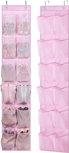 MISSLO Over The Door Shoe Organizer 12 Large Mesh Pockets Hanging Narrow Closet Door, Baby Hanging Shoe Rack Kids Closet Storage bags for Girl Women Men Toddler Nursery, Pink, 2 Pack