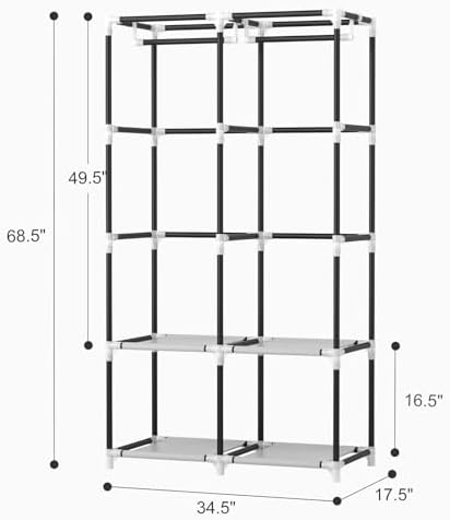 VTRIN Portable Closet Wardrobe Closet for Hanging Clothes with 4 Storage Shelves, 2 Hanging Rods and 6 Pockets, Stable and Easy Assembly Clothes Rack with Cover Free Standing Closet for Bedroom, Black