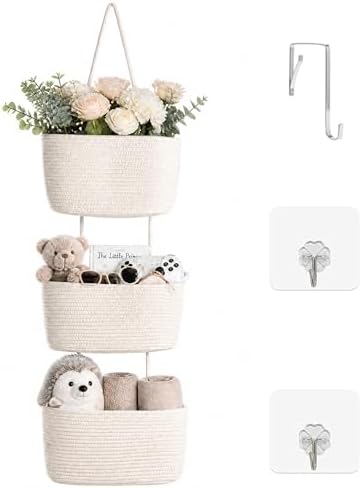 ICERZCZ Hanging Baskets for Organizing, Over the Door Decorative Storage Organizer, Nursery Decor Organization, 3-Tier Wall Basket for Entryway Playroom Bathroom Closet, Off White