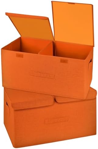 2 Pack Storage Boxes with Lids and Handles, Collapsible Linen Storage Bins Organizer Containers Baskets Cube with Removable Divider for Home Bedroom Closet Office (Orange, Large)