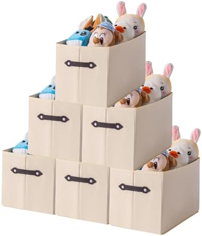 6 Pack Large Collapsible Storage Baskets for Shelves,14.9"x9.5" Fabric Closet storage Boxes with Leather Handles,Decorative Organizers Storage Bins for Clothes,Sheets,Toys,Books,Creamy-White