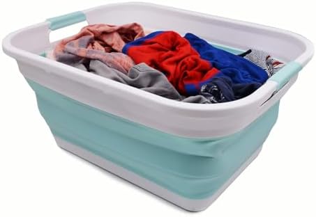 SAMMART 41L (10.8 gallon) Collapsible Plastic Laundry Basket-Foldable Pop Up Storage Container/Organizer-Portable Washing Tub, Water capacity: 32L (8.4 gallon) (Rectangular, White/Lake Green)