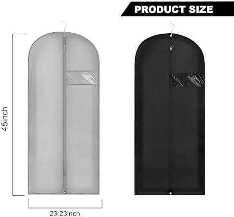 45" Garment Bags for Hanging Clothes, 2 Pack Dress Bags for Gowns Long with Clear Window, Foldable Suit Bag Cover for Travel and Storage (Black+Grey)