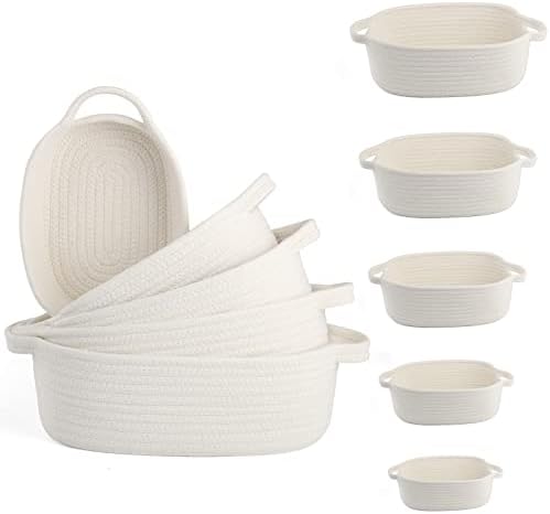 VOOWO Set of 5 Rectangular Cotton Rope Baskets for Storage, Organizing, Decorating, Off White