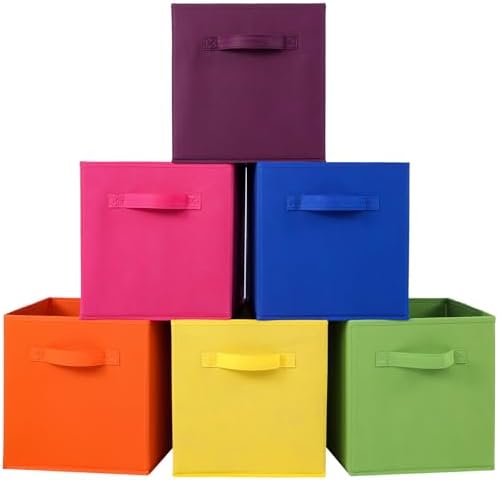 Stero 13x13x13 Inch Fabric Storage Bins 6 Pack Fun Colored Durable Storage Cubes with Handles Foldable Cube Baskets for Home, Kids Room, Closet and Toys Organization Orange-Multi Colors-1