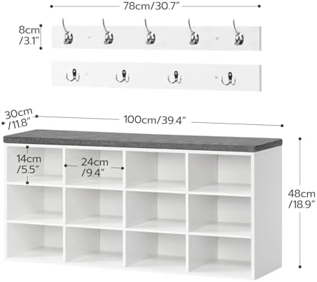 HOOBRO Shoe Storage Bench with Cushion, 39.4" L Entryway Bench with 12 Cubbies, Entryway Hall Tree with Storage, Cubby Shoe Rack Bench with Coat Rack for Hallway, Holds up to 330 lb, White WT112HX01