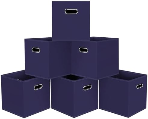 Black Foldable Storage Cubes Bins, Fabric Storage Box Cubes Organizer Baskets with Dual Handles for Home Organizer,Set of 6,(Navy Blue)