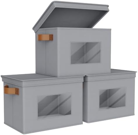 Univivi Fabric Storage Bins with Lids for Clothes 3 Pack, Grey