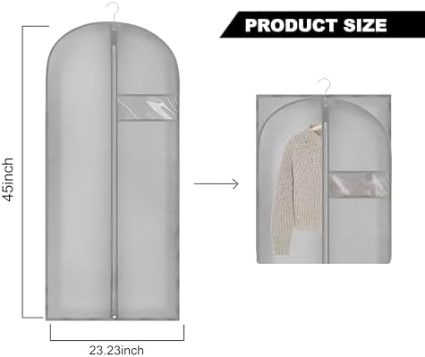 45" Garment Bags for Hanging Clothes, Dress Bags for Gowns Long with Clear Window, Foldable Suit Bag Cover for Travel and Storage (Grey)
