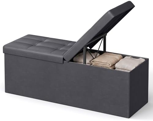 SONGMICS HOME Foldable Foot Rest Stool, Storage Ottoman, Tufted Design, PU Leather, for Entryway, Living Room, 43.2 Inches, Dark Gray
