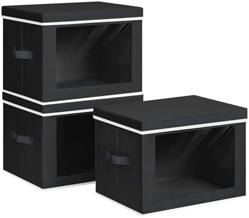 Homsorout Collapsible Storage Bins with Lids - Stackable Storage Containers with Window, 3 Pack Fabric Bins for Closet, Home & Office Organization Baskets, Black, 14.9" x 9.8" x 9.8"