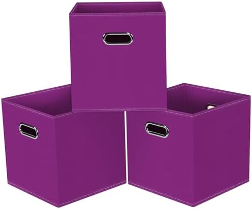 Black Foldable Storage Cubes Bins, Fabric Storage Box Cubes Organizer Baskets with Dual Handles for Home Organizer,Set of 3,(Purple)