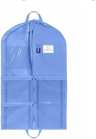 Enhanced Hanging Garment Bag with multiple clear Pockets, carrying straps, front and Side Zippers for Clothes, Dance Costumes, Cheer uniforms, and pageant dresses. (HydrangeaBlue, 40 inch)