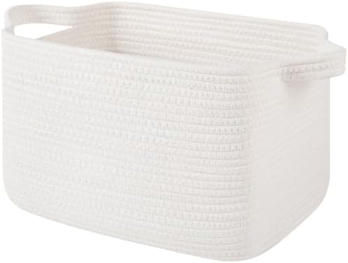 OIAHOMY Woven Storage Basket for Shelves, Rectangle Cotton Rope Baskets for Organizing, 13 x 10 x 9 in, Storage Bins for Dog Toys,Towel,Books,Gift, White