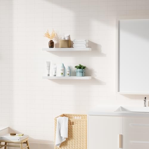 Bellsal Floating Shelves for Wall, White Engineered Wood Wall Shelf Set of 2, 24" Walls Mounted Floating Shelf for Kitchen, Living Room, Bedroom, Bathroom Storage, Book Shelf for Home Decor