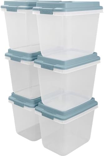Hefty 6 Pack Lift Off Storage Bin with Lid, 32 Quart, Smoke Blue