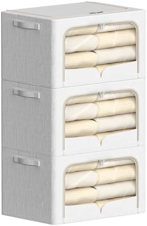 FHSQX 3 Pack Clothes Storage Bins Foldable Metal Frame Storage Box Stackable Linen Fabric Container Organizer Set with Carrying Handles and Clear Window (Cream White, 15.7x11.8x7.8inch(22L))