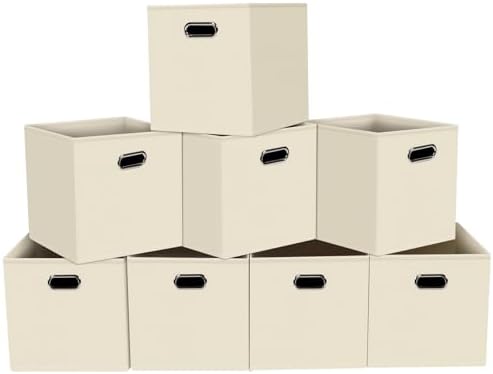 Fabric storage bins Cubes, Fabric Cube Organizer with Handle, Foldable Cube Bins for Cloth or Accessary Storage, 11x11x11, Set of 8, (Creamy White)