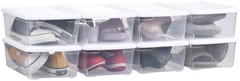 6 Quart Stackable Plastic Storage Shoebox, BPA-Free Nestable Container with Latching Lid to Organize Shoes, See-Through Box for Home and Office, Multi-Purpose Clear Bins (White, 8 Pack)
