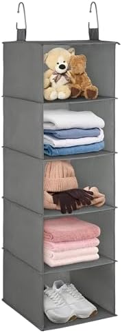 Libeder 5-Shelf Hanging Organizer with Drawers, Closet Hanging Organizers and Storage Shelves with 6 Side Pockets,Collapsible Closet Hanging Shelves for Clothes, Underwear, Nursery, Closet, RV(Grey)