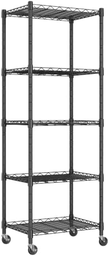 REGILLER 5-Wire Shelving Metal Storage Rack Adjustable Shelves,Standing Storage Shelf Units for Laundry Bathroom Kitchen Pantry Closet(Black,11.8" D x 16.6" W x 53.5" H,With Wheels)