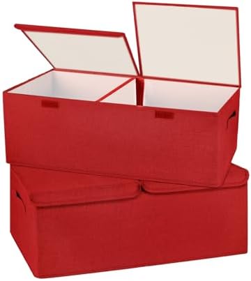 2 Pack Large Storage Boxes with Lids and Handles, Collapsible Linen Storage Bins Organizer Containers Baskets Cube with Removable Divider for Home Bedroom Closet Office (Red, Small)