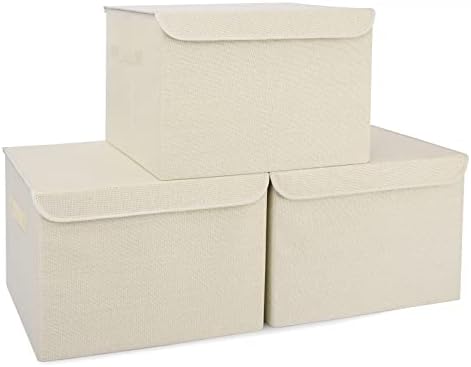 Bagnizer Large 42 Quarts Collapsible Stackable Storage Bins Cube with Lids [3-Pack] Foldable Fabric Linen Storage Boxes, Closet Organizer Baskets with Label for Home (16.7 x 12 x 12, Beige)