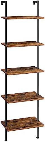 HOOBRO DIY Ladder Shelf, 5-Tier Wooden Wall Mounted Bookshelf, Narrow Bookcase, Display Shelf, Storage Rack, Plant Stand, for Living Room, Bedroom, Study, Balcony, Rustic Brown and Black BF531CJ01