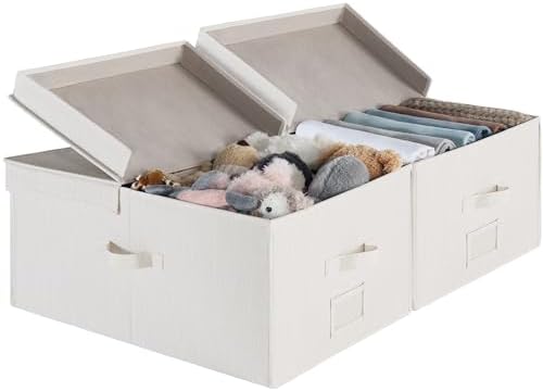 StorageWorks Extra Large Storage Bins with Lids, 55L Decorative Storage Bins with Double-Open Lid and Divider Board, Fabric Bins with Handles, Mixing of Beige, White & Ivory, 2-Pack
