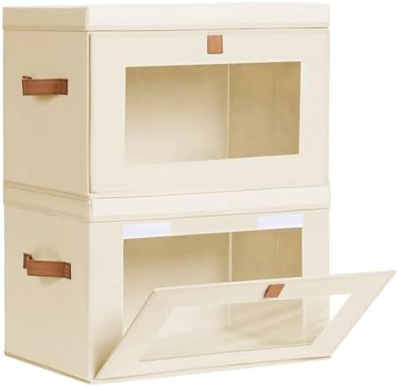 Homsorout Large Closet Storage Organizer - Clothes Storage Bins with Handles & Window, Collapsible Decorative Boxes with Lids, Fabric Containers for Living Room, Dorm, 2 Pack, Beige