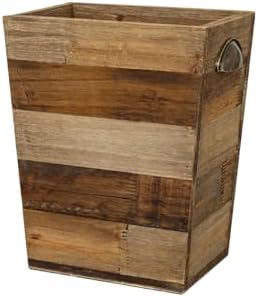Small Wood Trash Can, Farmhouse Rectangular Garbage Can Waste Basket, Rustic Distressed Reclaimed Wood Wastebasket, Vintage Wooden Trash Recycling Bin Storage Basket with Metal Handles (Natural)