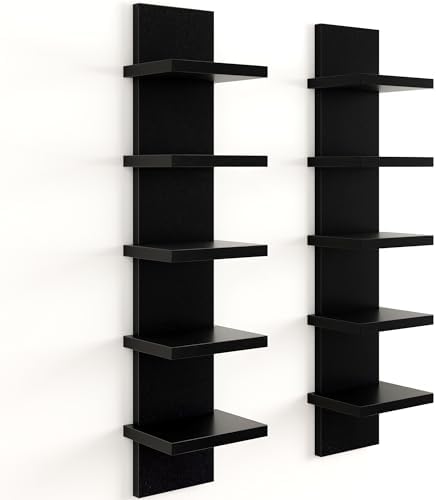 Fun Memories 5 Tier Wall Shelf Unit, Black Floating Shelves for Storage - Vertical Column Tower Design, Lack Wall Shelf Space Saving Organizer for Bedroom, Living Room, Home Decor， 2Pack