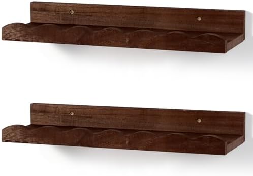 Suzile 2 Pcs Scalloped Floating Wall Shelves,16.5",Walnut Brown | Scalloped Edge, Book Display, Plant Display, Photo Frames, Toy Storage, Nursery, Bedroom, Bathroom, Aesthetic Decor