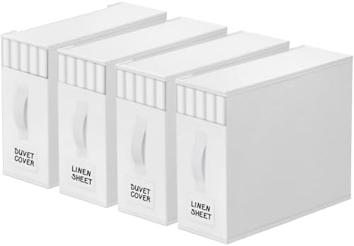 StorageTastic 4 Pack Bed Sheet Closet Organizers and Storage,Sturdy Foldable Storage Containers with Window and Label,Storage and Organization for Bedding Sheets,Duvet Covers,Blankets (White)
